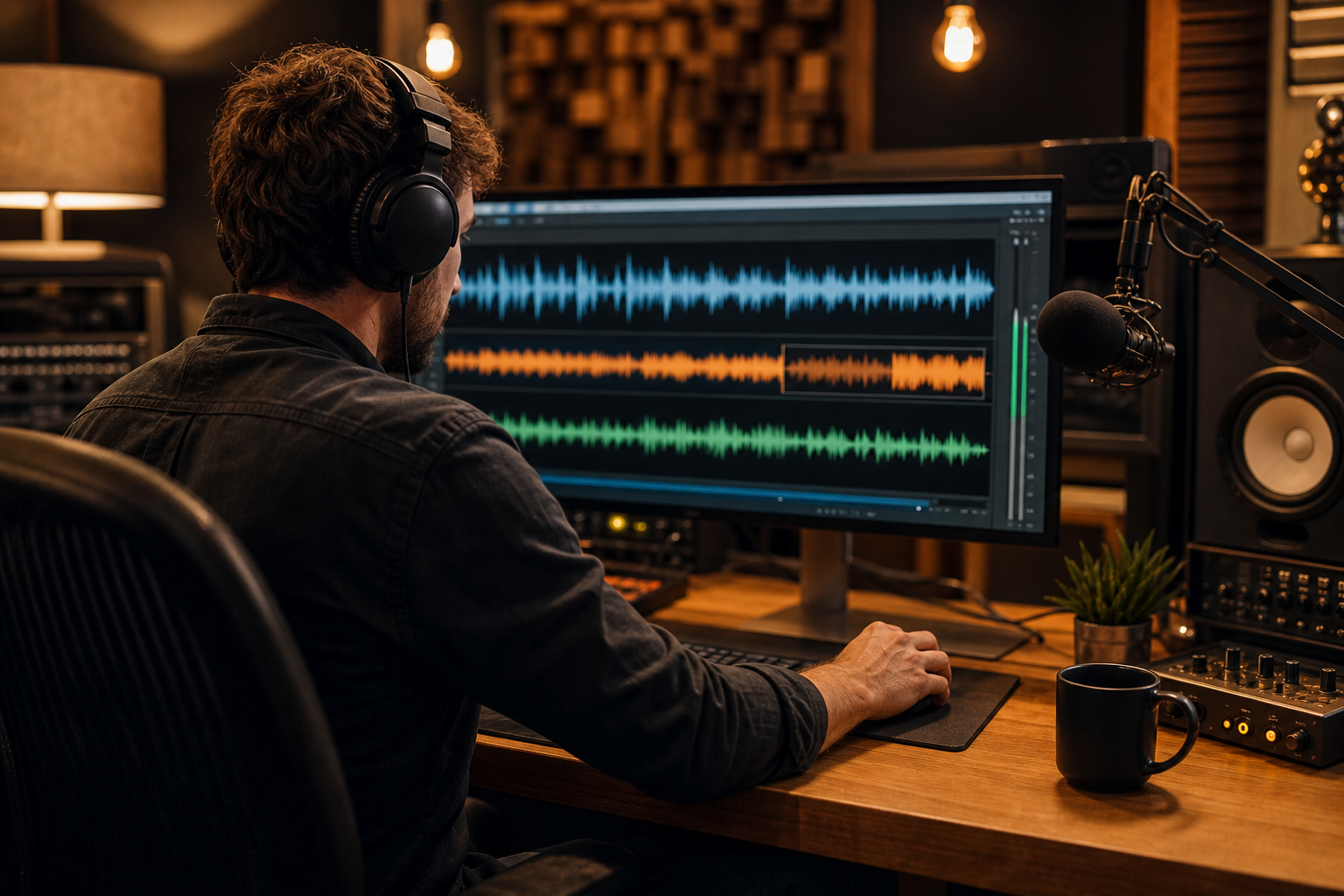 Editor al lavoro sul montaggio di un podcast