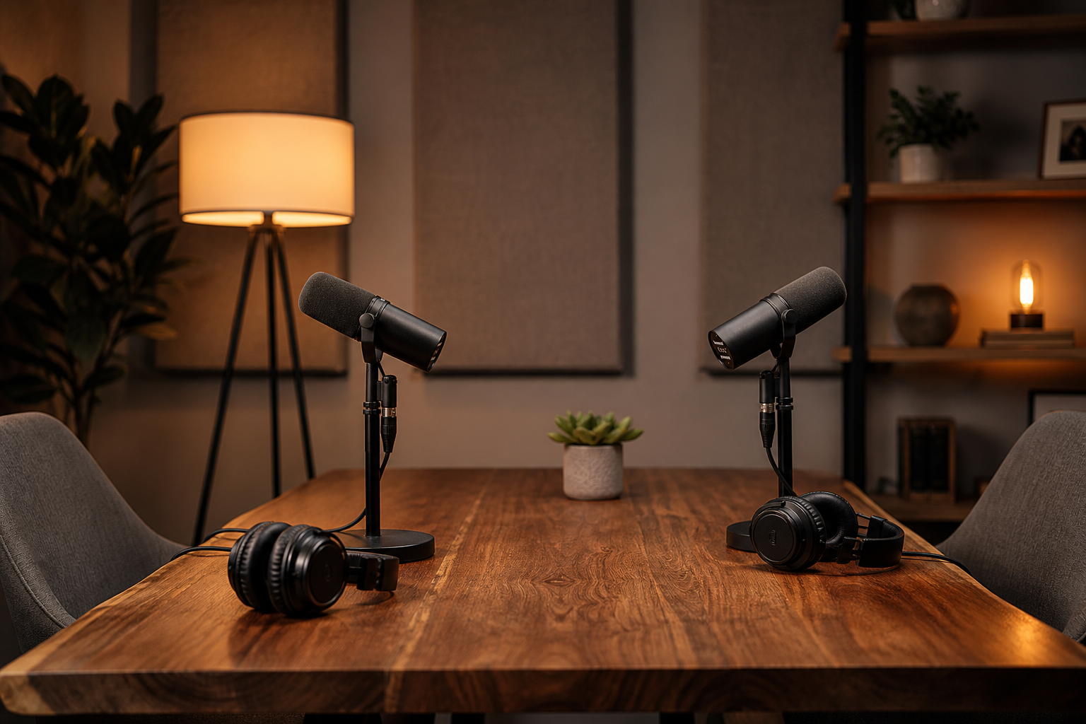 Studio podcast con due microfoni e cuffie, luce calda
